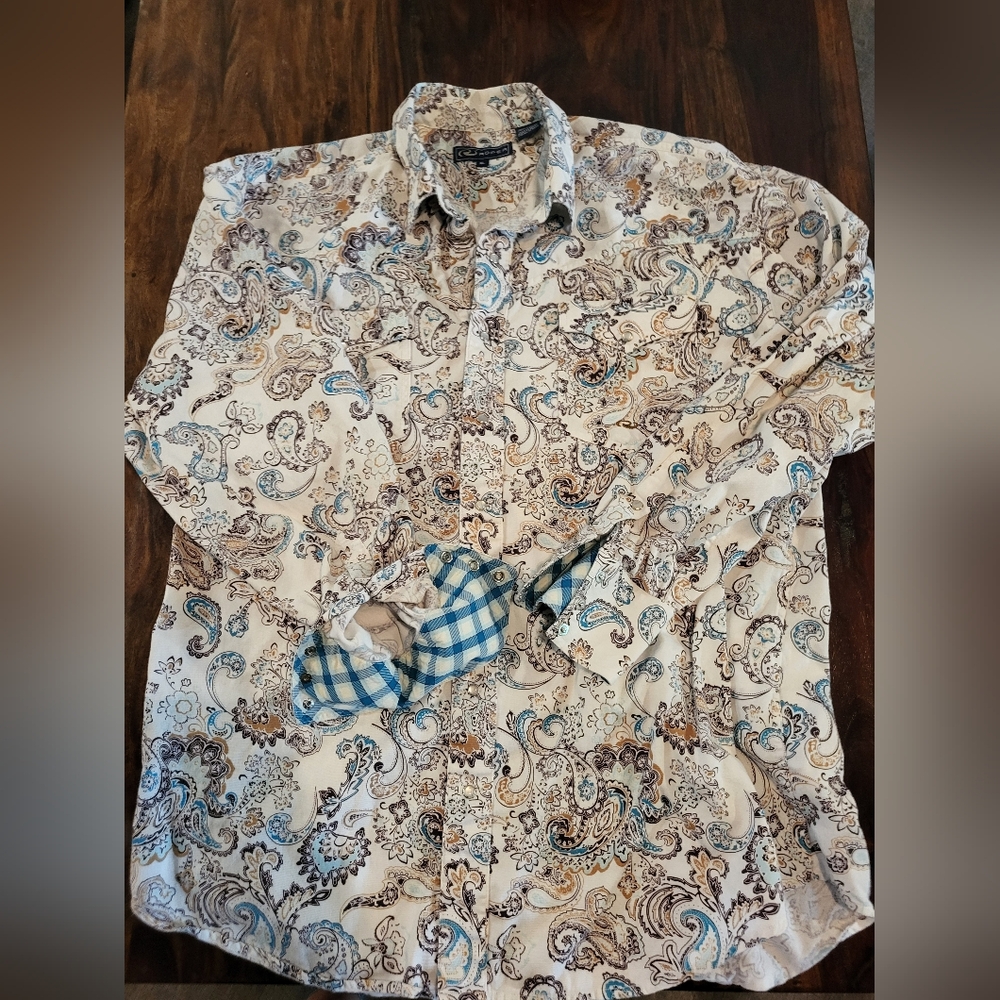 Roper Blue and Brown Casual Button Down Shirt with Paisley Print Sz XL EXC COND